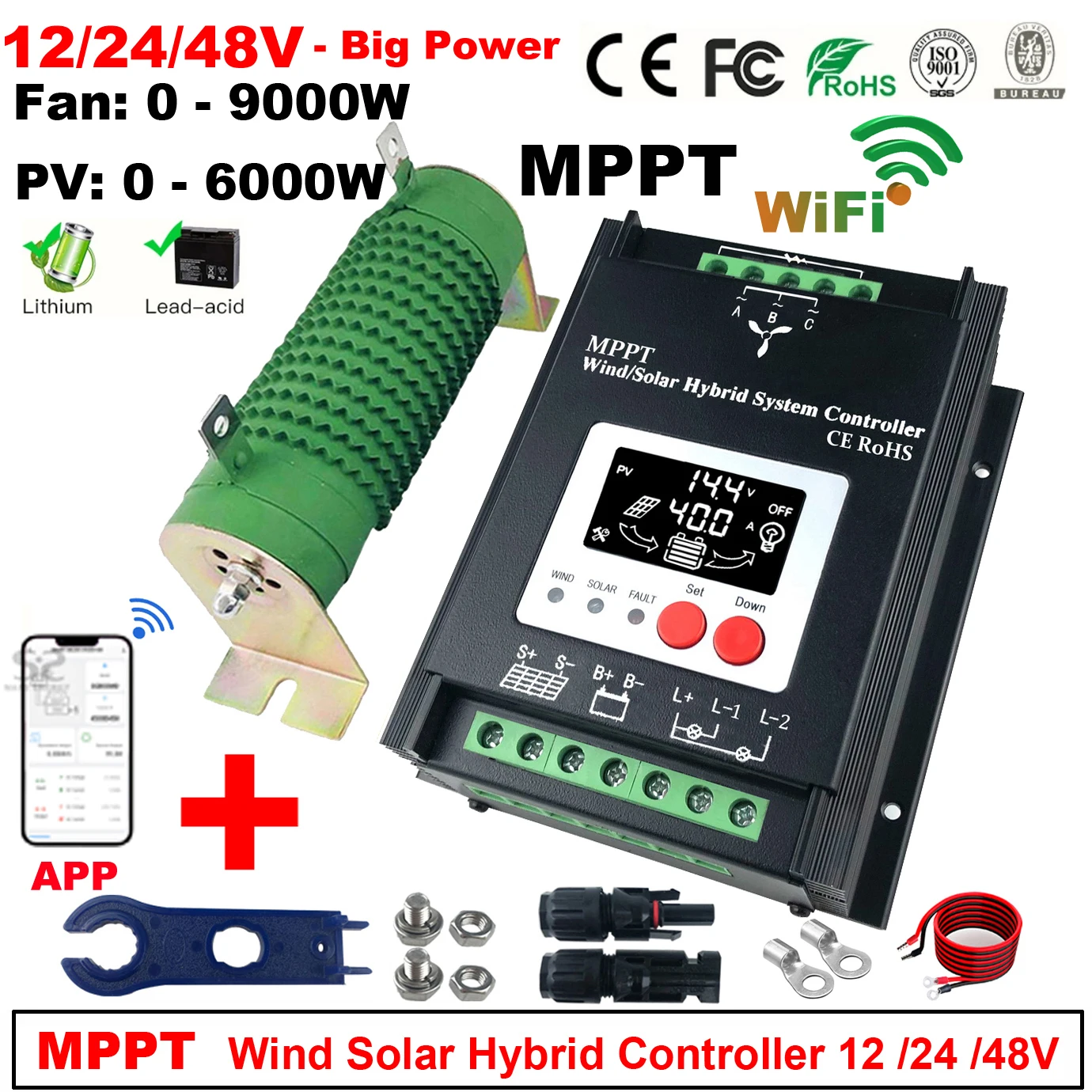 15000W MPPT Hybrid Solar Wind Charge Controller 12V 24V 48V PV Wind Turbine WIFI Regulator For Lifepo4 Lithium Lead Acid Battery