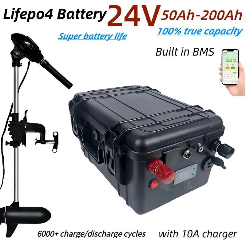 

Waterproof Lifepo4 24V 50Ah 60Ah 80Ah 100Ah 120Ah 150Ah 200Ah lithium battery BMS for trolling motor inverter +10A Charger