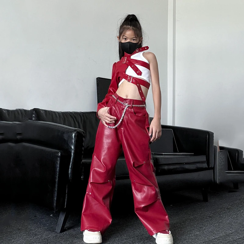 

2024 Ballroom Hip Hop Dance Costumes For Kids Red Single Sleeve Top Leather Pants Outfits Jazz Performance Stage Wear DQS17618