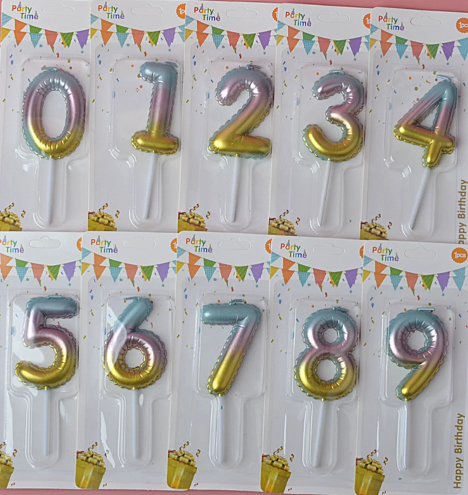 Tri color gradient creative balloon numbers 0-9 gold-plated candles, suitable for birthday cakes, holiday party decorations
