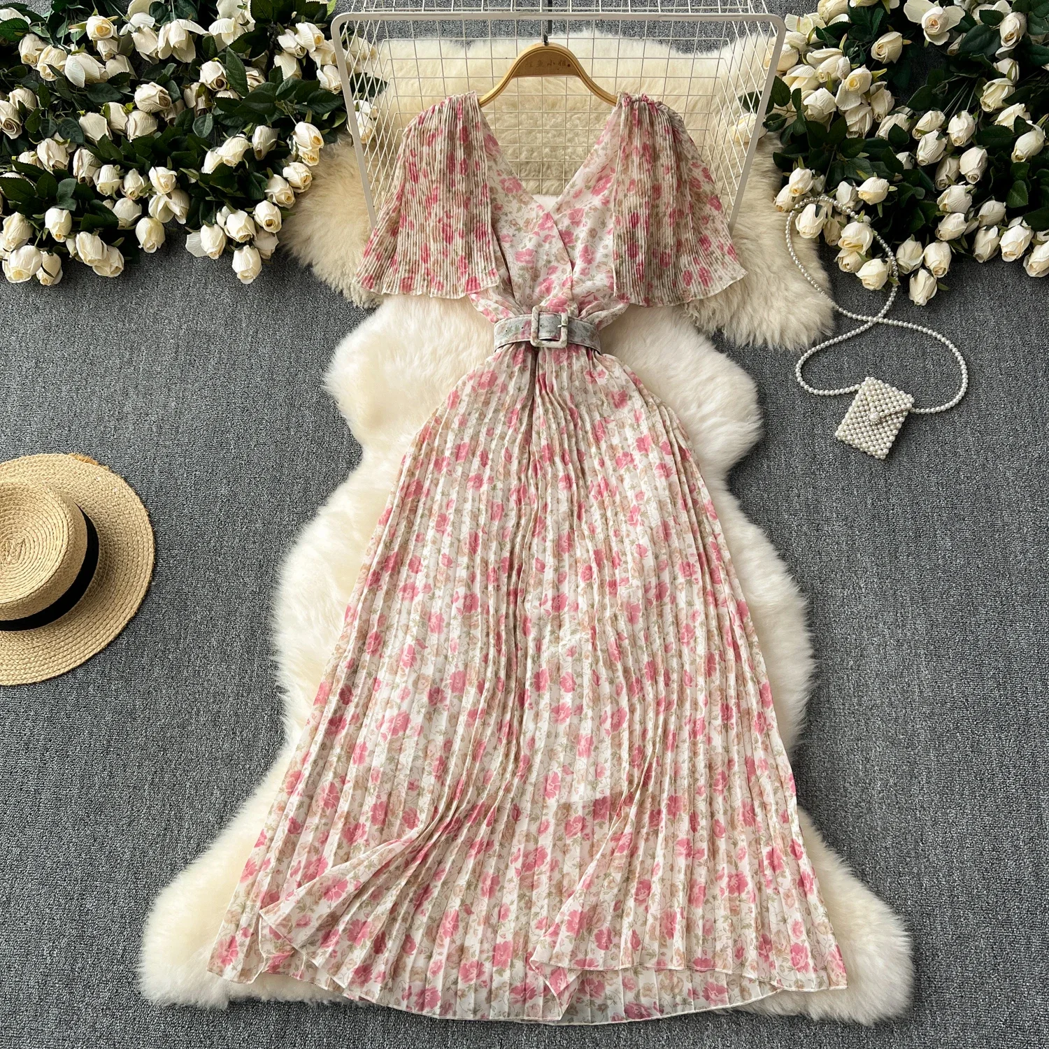 Retro Floral Print Ruffle Chiffon Elegant Midi Dress A-line V Neck Beach Vacation Dress Women Korean Fashion Summer Vestidos