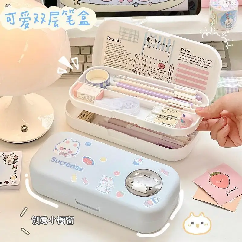 

Morandi Stationery Box Large Capacity Double Layer Cartoon High Value Stationery Storage Box School Supplies Cute Pencil Case