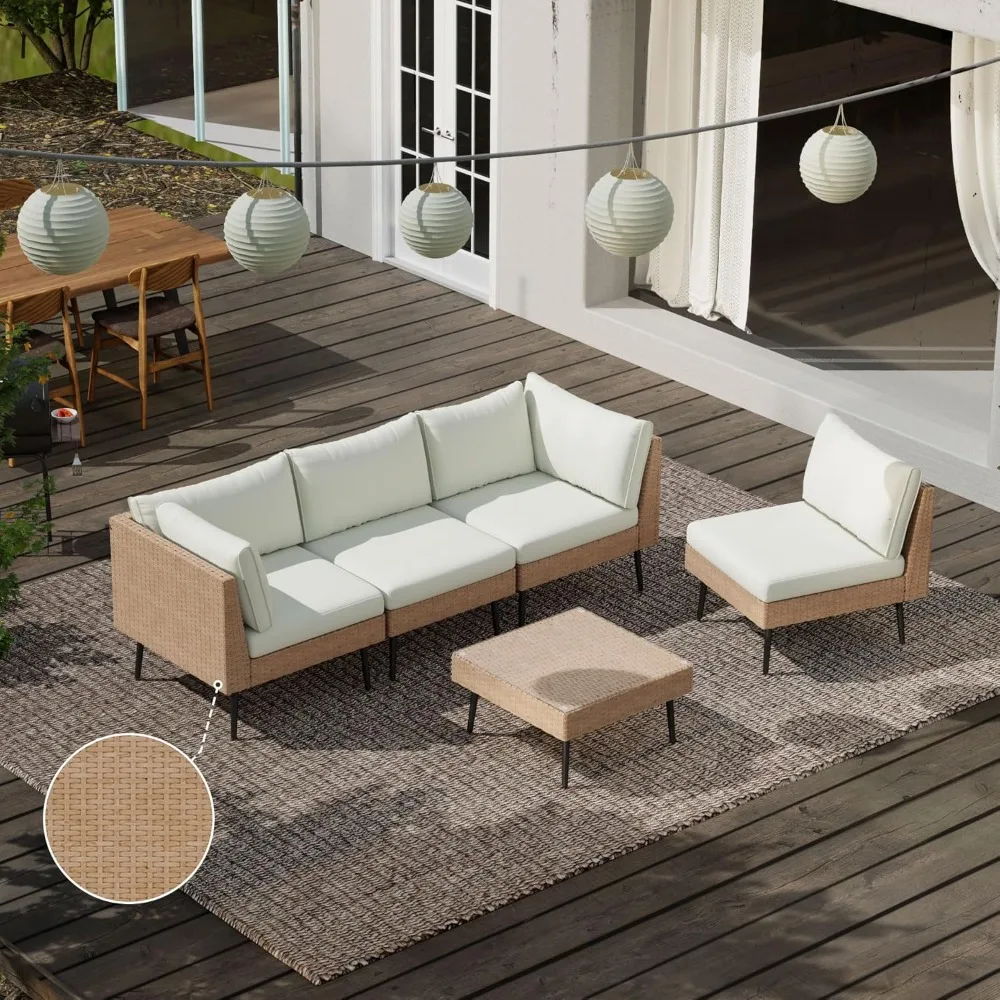 

Outdoor Patio Sectional Furniture Set, 5 Piece Wicker Patio Furniture with Widened and Densely Woven Rattan, with Thick Cushions