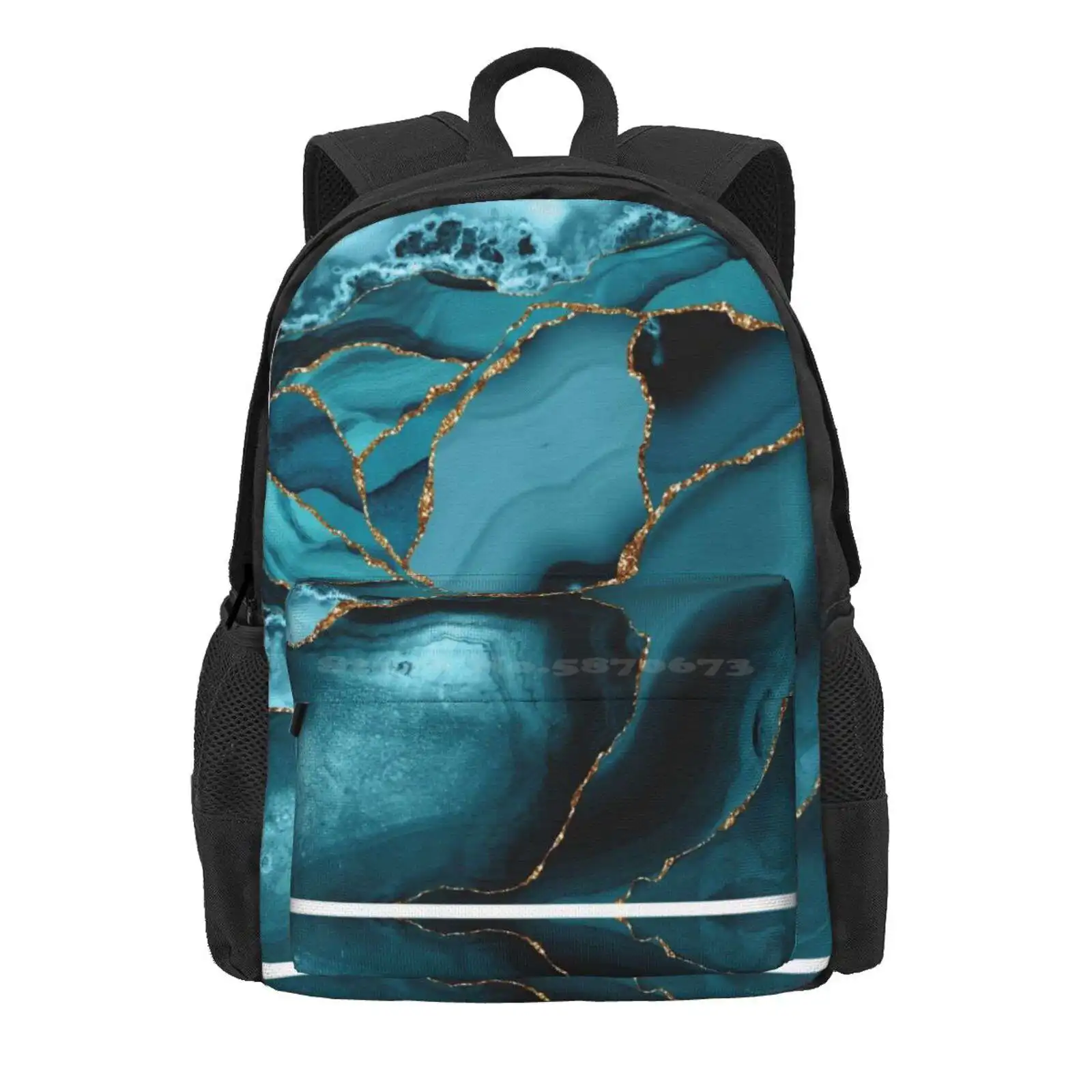 Teal And Gold Faux Marble Landscape Waves Hot Sale Schoolbag Backpack Fashion Bags Graphic Design Turquoise Abstract Gemstone