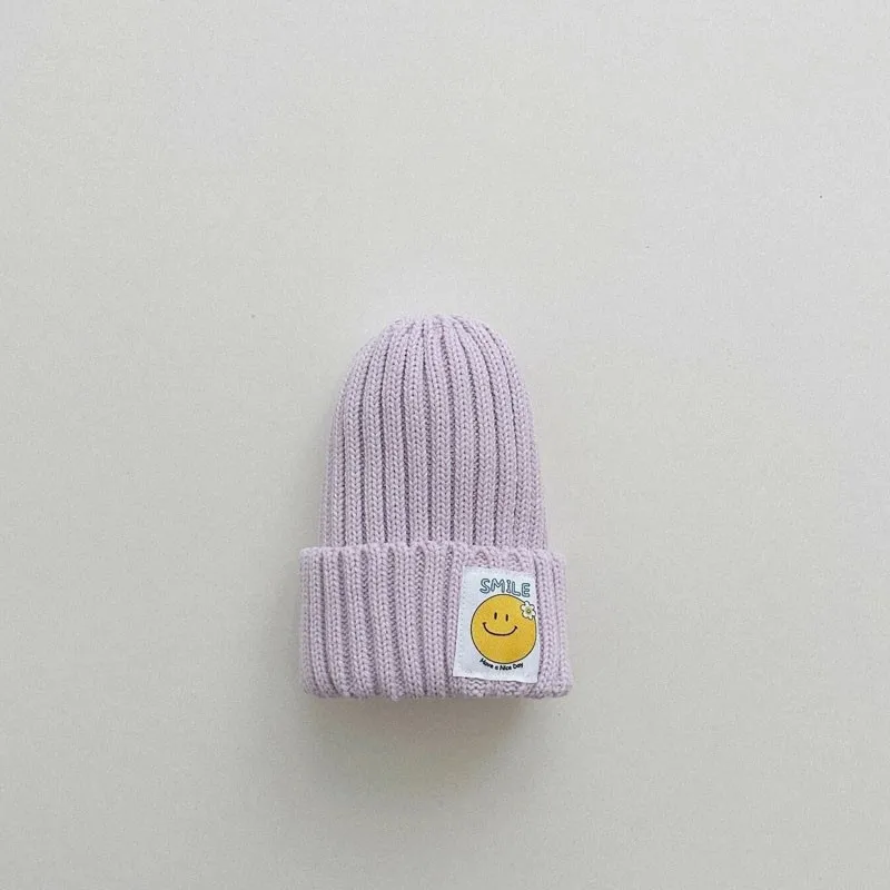 Candy Color Knitted Hats Girls Smiling Face Patch Stretch Woolen Hat Spring& Autumn Cotton Boys Baby New Boutique Cute Hats