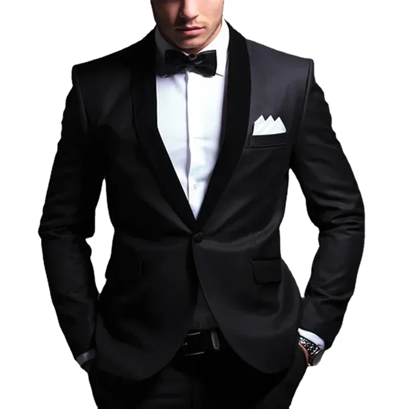 2 Piece Black Men Suits Wedding Tuxedos One Button Skinny Male Clothing Velvet Shawl Lapel  Jakcet Pants Slim Fit Male Clothing