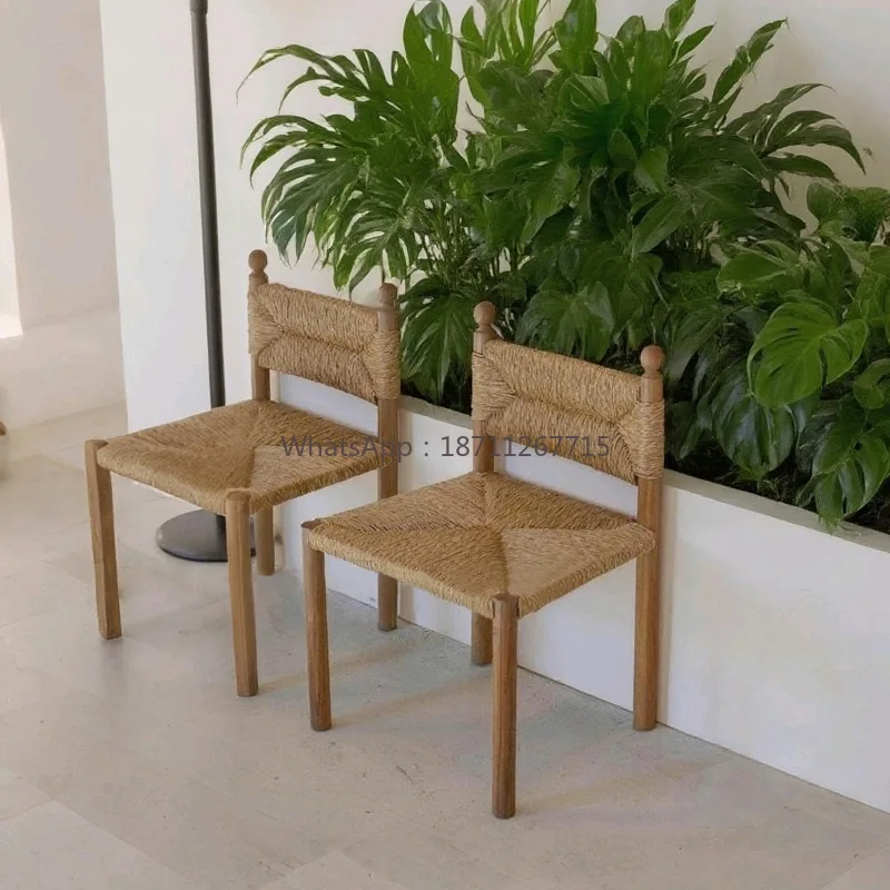 Home Restaurant Rope Chair Designer Hotel Hotel Handwoven Solid Wood Dining Chair