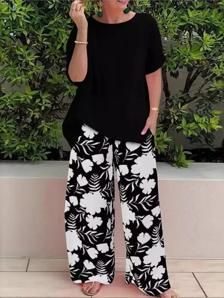 Set casual da donna Top a maniche corte larghi solidi e pantaloni lunghi a gamba larga con stampa Set da 2 pezzi per le donne Abiti estivi da donna