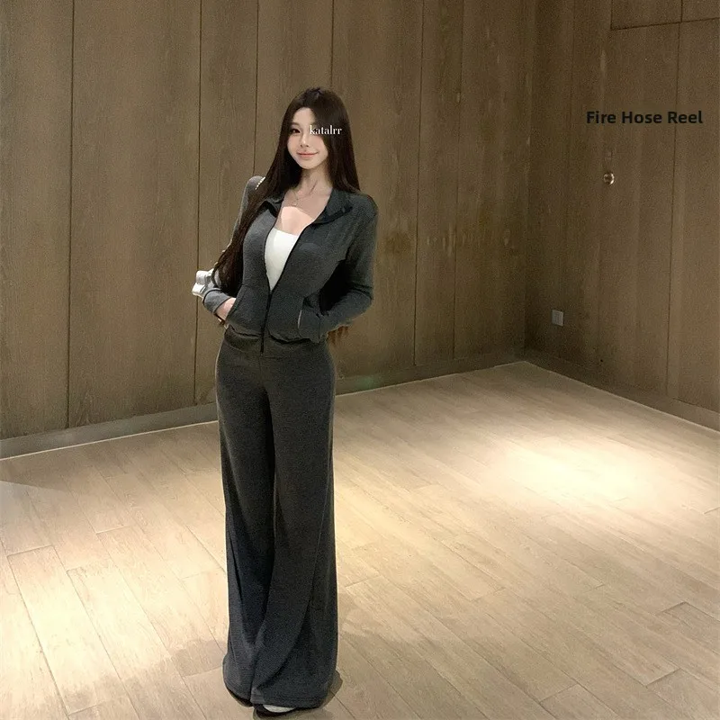 Slim Fit Stripe Casual Sportswear Set Women's Spring Autumn Fashionable Versatile Two Piece Trendy High Waist Knitted Cotton