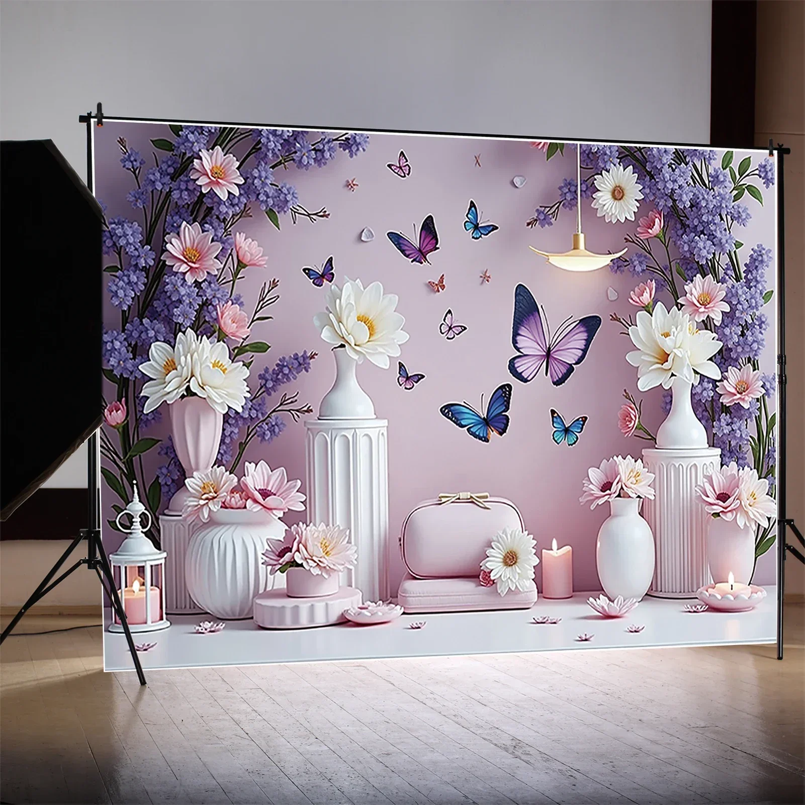 MOON.QG Fairy Butterfly Hanging Flowers Balloons Backdrop Purple Blue Pink Photography Background Photographic Wallpapers Decor