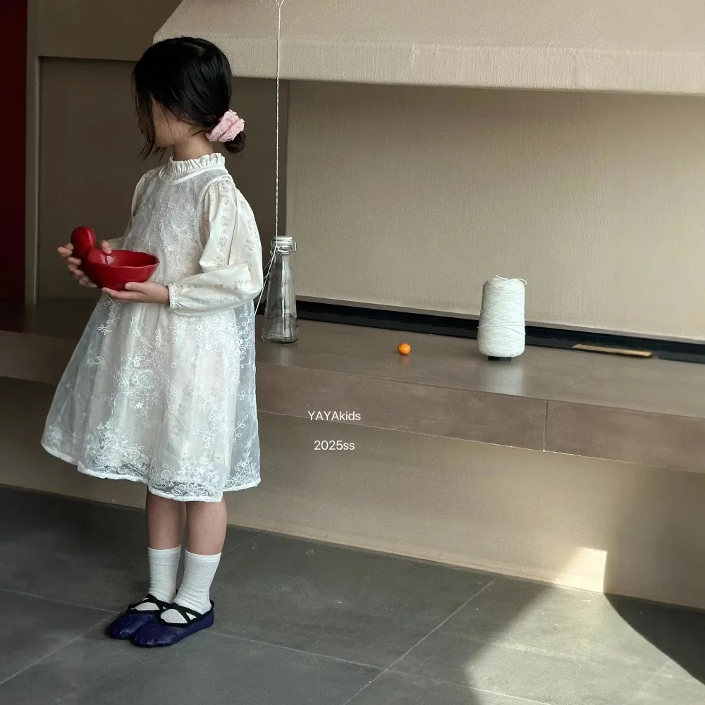 Girls Dress 2026 Spring New Korean Floral Cotton Embroidery Lace Cover Dress Two Piece Set Kids Clothes