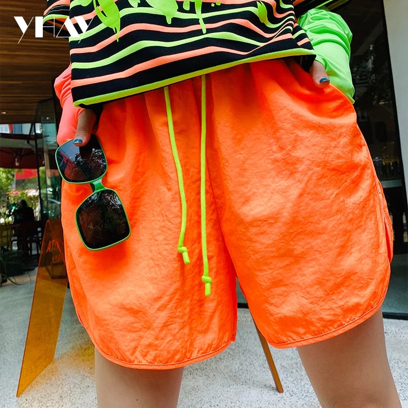 Spring and Summer Fluorescent Green Simple and Versatile Trendy Brand Loose Elastic Waist Split Fork Casual Quick-drying Shorts