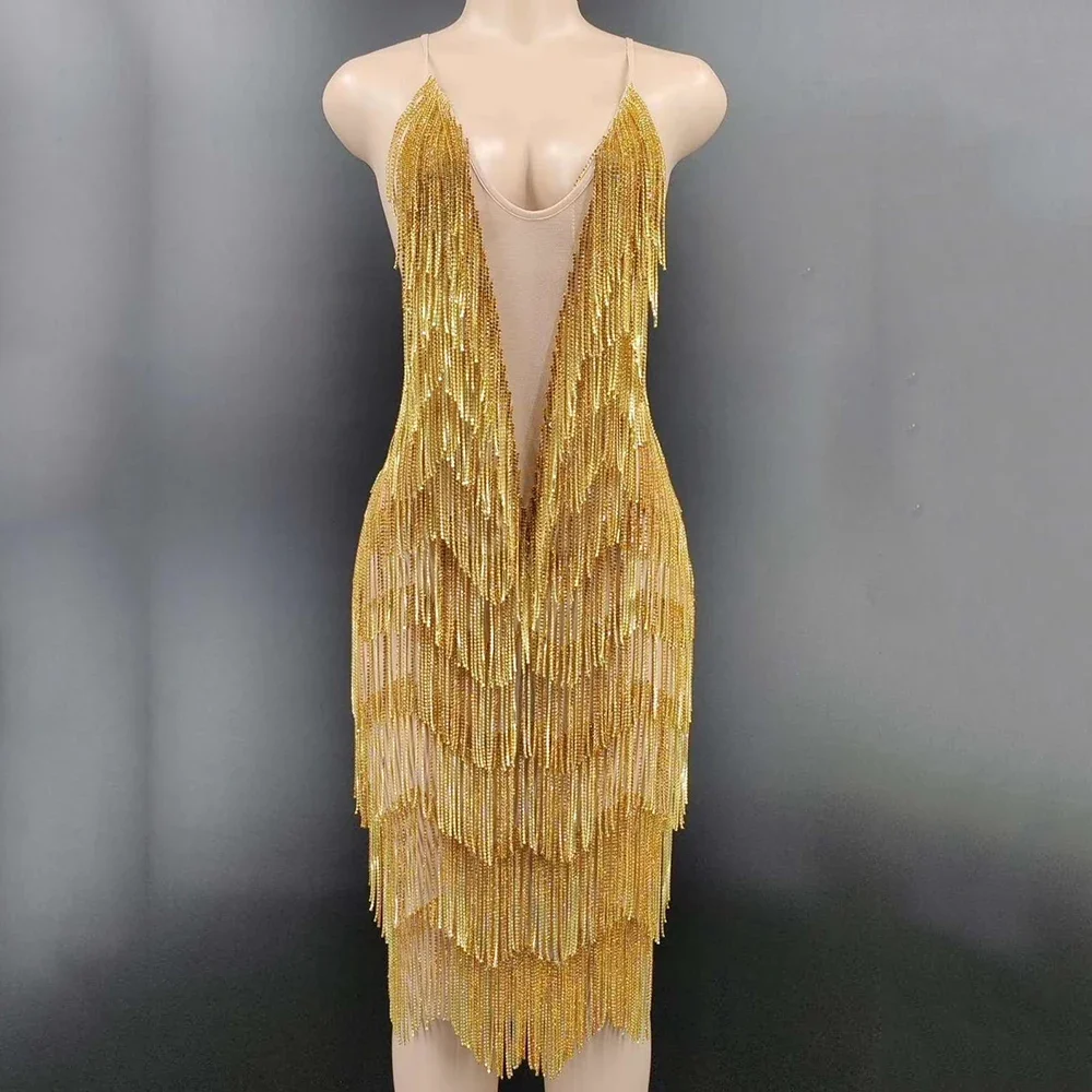 

Shining Yellow Crystal Tassel Women Dress Sleeveless Backless DJ Singer Dance Stage Wear Birthday Party Drag Queen Outfit