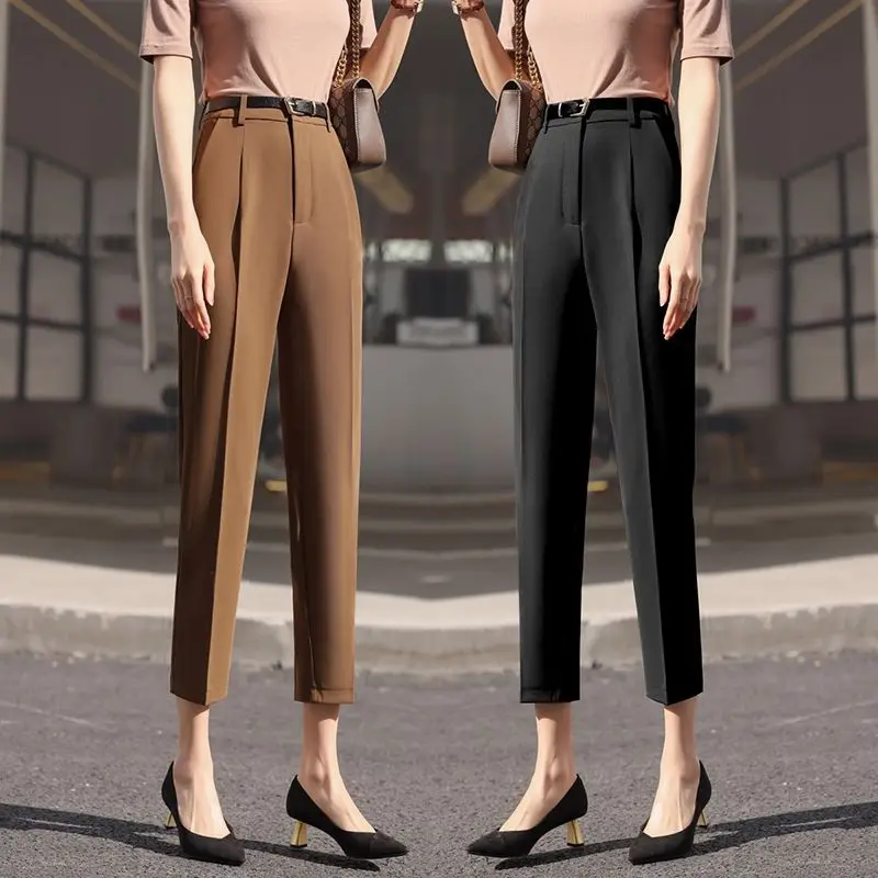 Office Lady Fashion Coffee Harlan Suit Pants Spring Summer Thin Women Koreon Women High Waist Casual Slim Cropped Trousers 2023