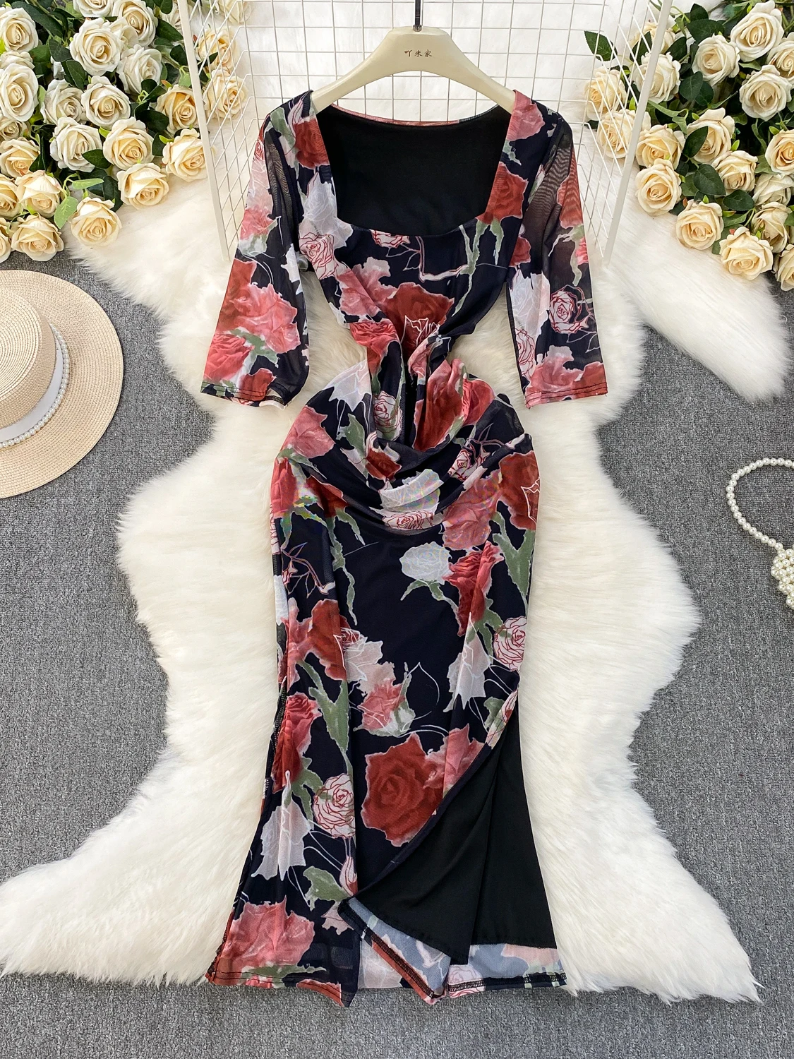 Ele imprimé Maxi Dr avec fente taille haute coupe ajustée coréen Sle femmes été Faion carré Neline 7/8 Sve Dr