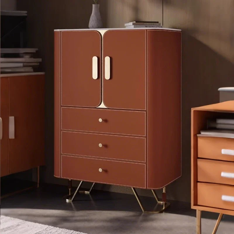 

05 FG17Saddle Leather Sofa Side Cabinet Modern Home Living Room Rock Board Wall-Mounted Dark Gray Integrated Storage Cabinet