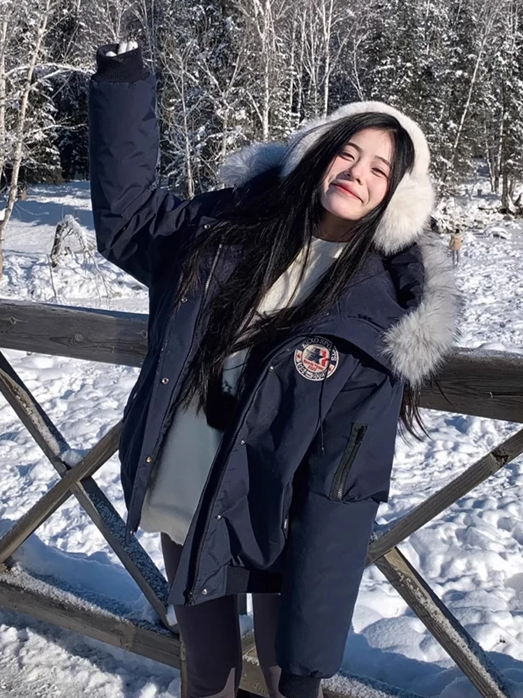 Retro American White Large Fur Collar Parka Cotton Jaet Men Winter Thi Warm Couple ort Workwear Cotton Coat