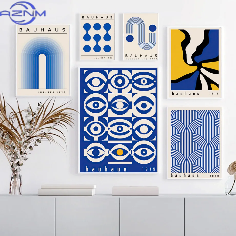 AZNM Mid Century Modern Blue Bauhaus Canvas Paintings Abstract Geometry Wall Art Posters  And Prints for Living Room Home Decor