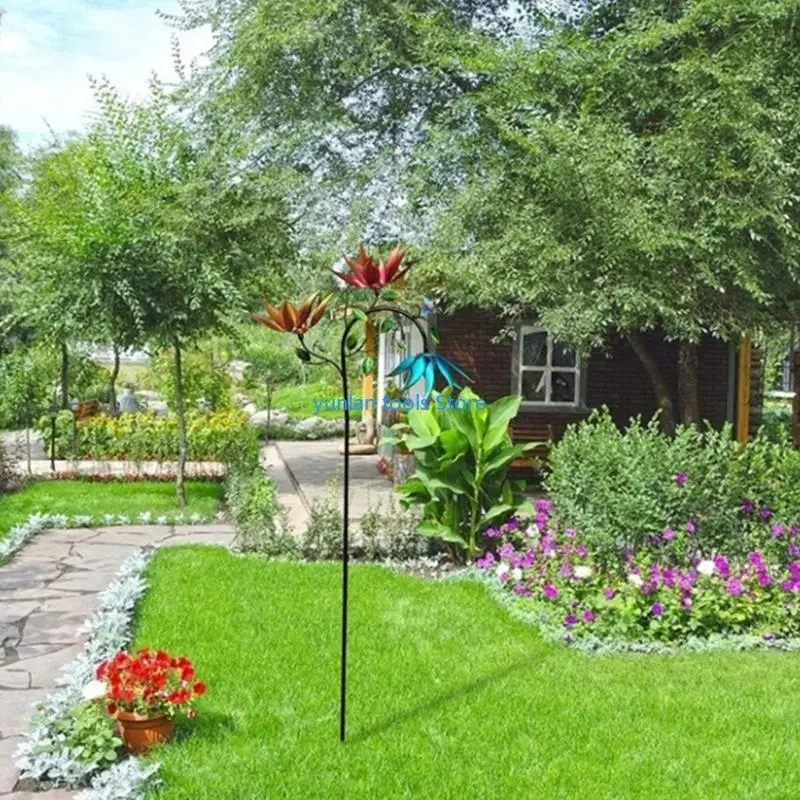 

50LB Decorative Windmill with Flowers Butterflies Garden Yard Patio Outdoor Art Decoration Metal Sculpture Stake Wind Spinner