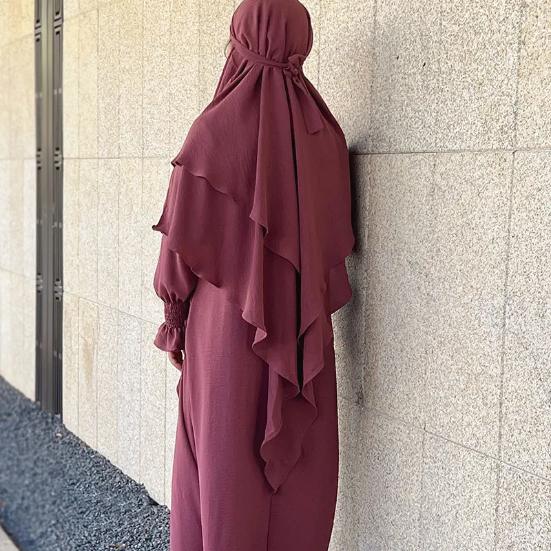 

Khimar 2 Layers Crepe Muslim Ramadan Islamic Clothing Breathable Long Khimars Prayer Scarf Women Overhead Tie Back Hijab Niqab