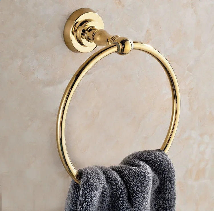 

Brass shiny Gold Towel Holder Carved Towel Ring Copper Wall Mounted Towels Holders Gold Bathroom Rings GB005c