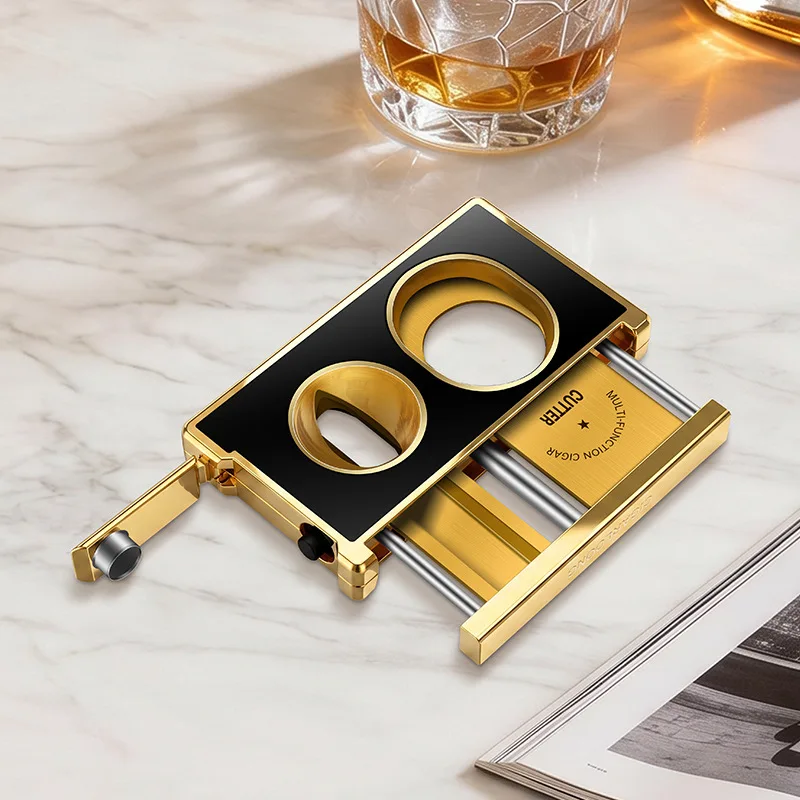 Multifunctional Stainless Steel Cigar Cutter with V-Cut And Flat-Cut Feature Hidden Drill Sharp Blades for Premium Cigars