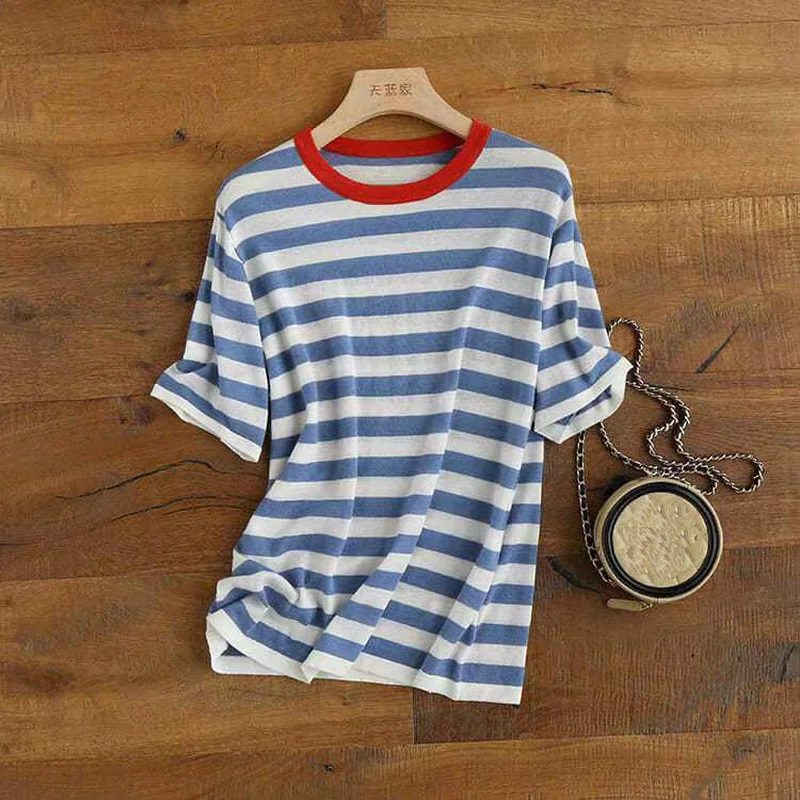 

Summer Cotton T Shirts Women Short Sleeve Color Block Striped Tees Casual O Neck All Matched Soft Loose Tops Woman tShirts