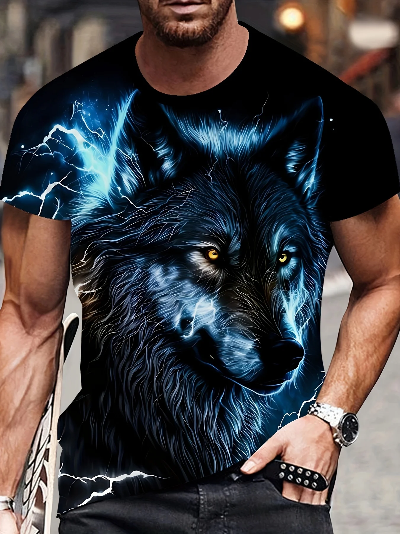 2026 Hot Selling Fashion Blue Texture Wolf Pattern Scene 3D Printing O-neck Short Sleeved Harajuku Men's and Women's T-shirt