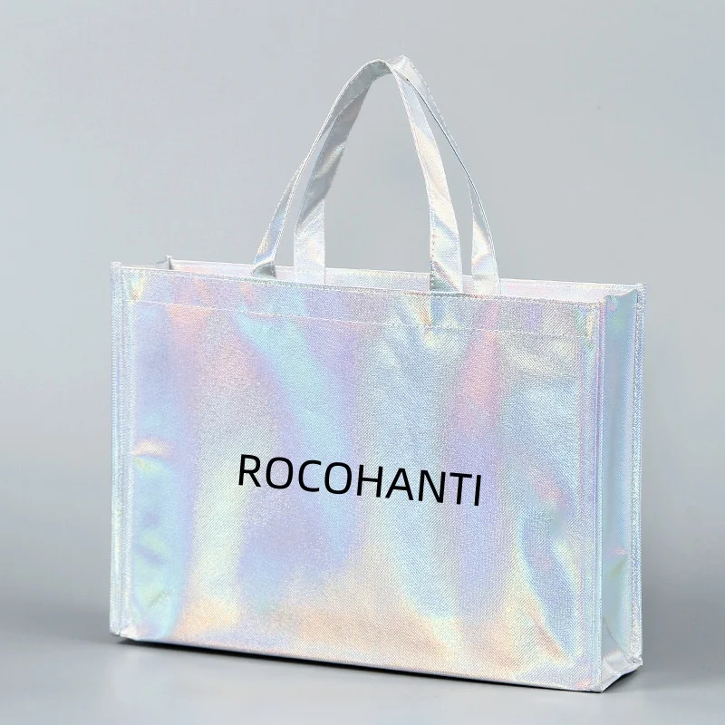 

Custom Logo Eco Recyclable Holographic Iridescent Metallic Laminited Non Woven Glitter Tote Bag for Shopping