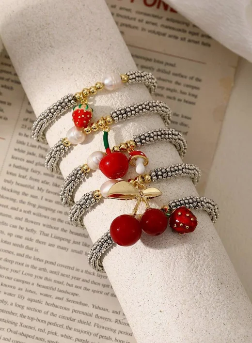 5Pcs Fashion silver beads cherry bracelets women pearl bracelets enamel heart chili mushroom bracelet Jewelry Gifts