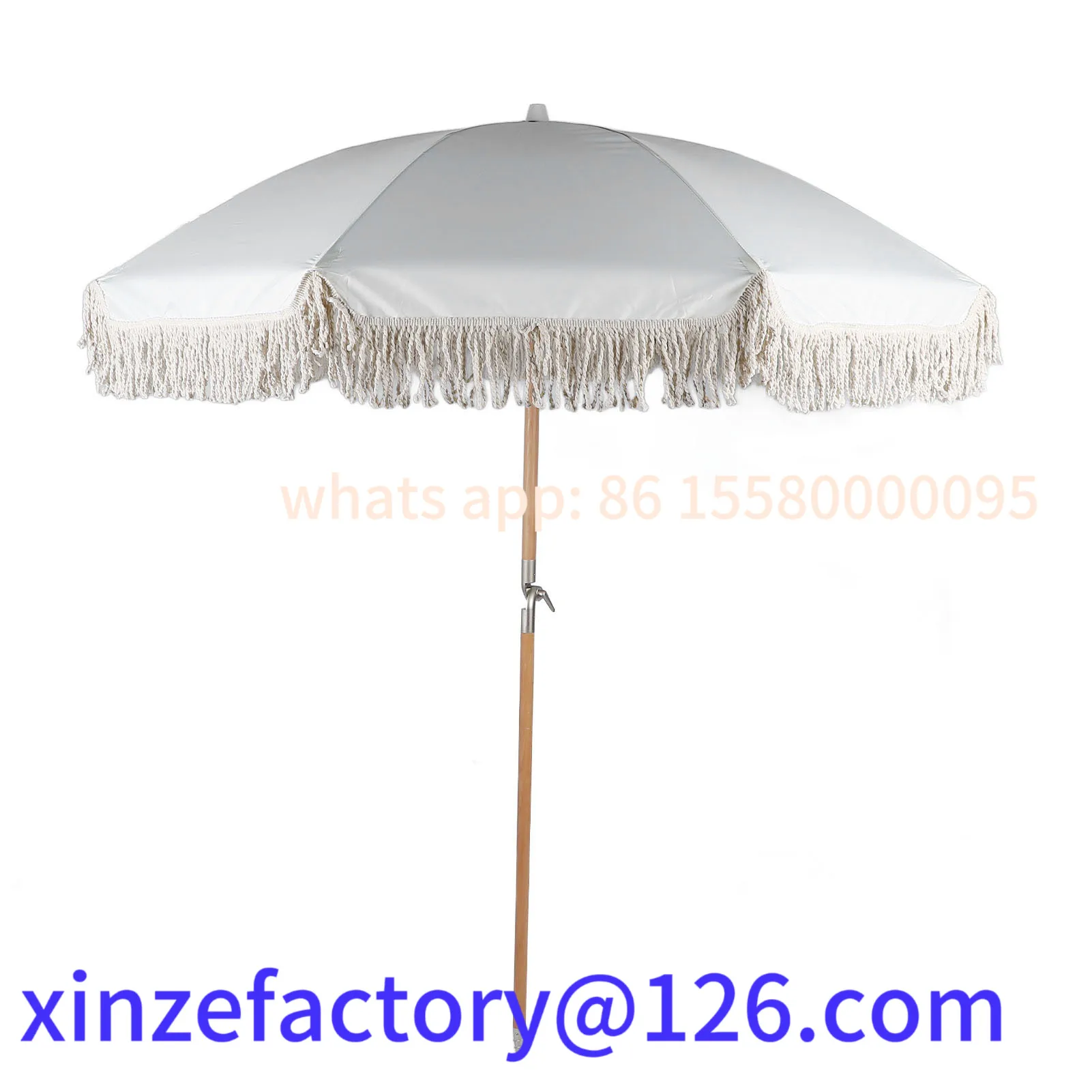 

Customizable Table Umbrella 8 Fiberglass Ribs Patio Umbrella Wooden Pole Stylish Fringe Polyester Fabric UV Proof with Carry Bag