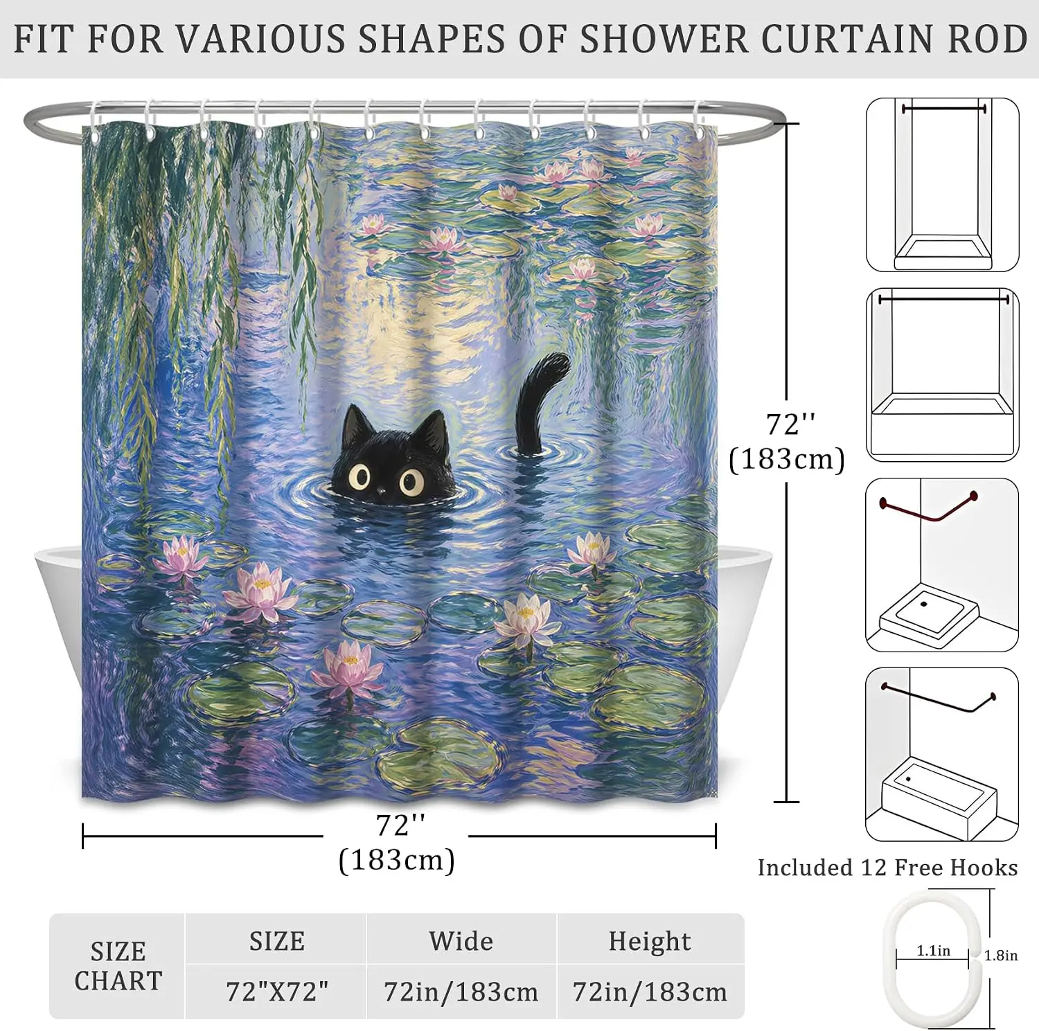 Watercolor Black Cat Pond Lily Pad Shower Curtain Nature Koi Decor Waterproof Bathroom  72x72 Inches