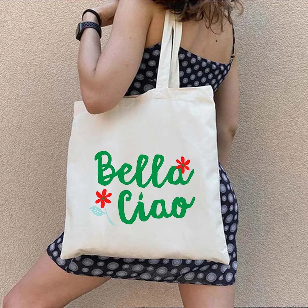 Floreale Bella Ciao Marocchino Italiano Donna Ragazza Disordinato Panino Bandiera Italia Orgoglioso Italia Shopper Harajuku Canvas Tote Bag Borse in