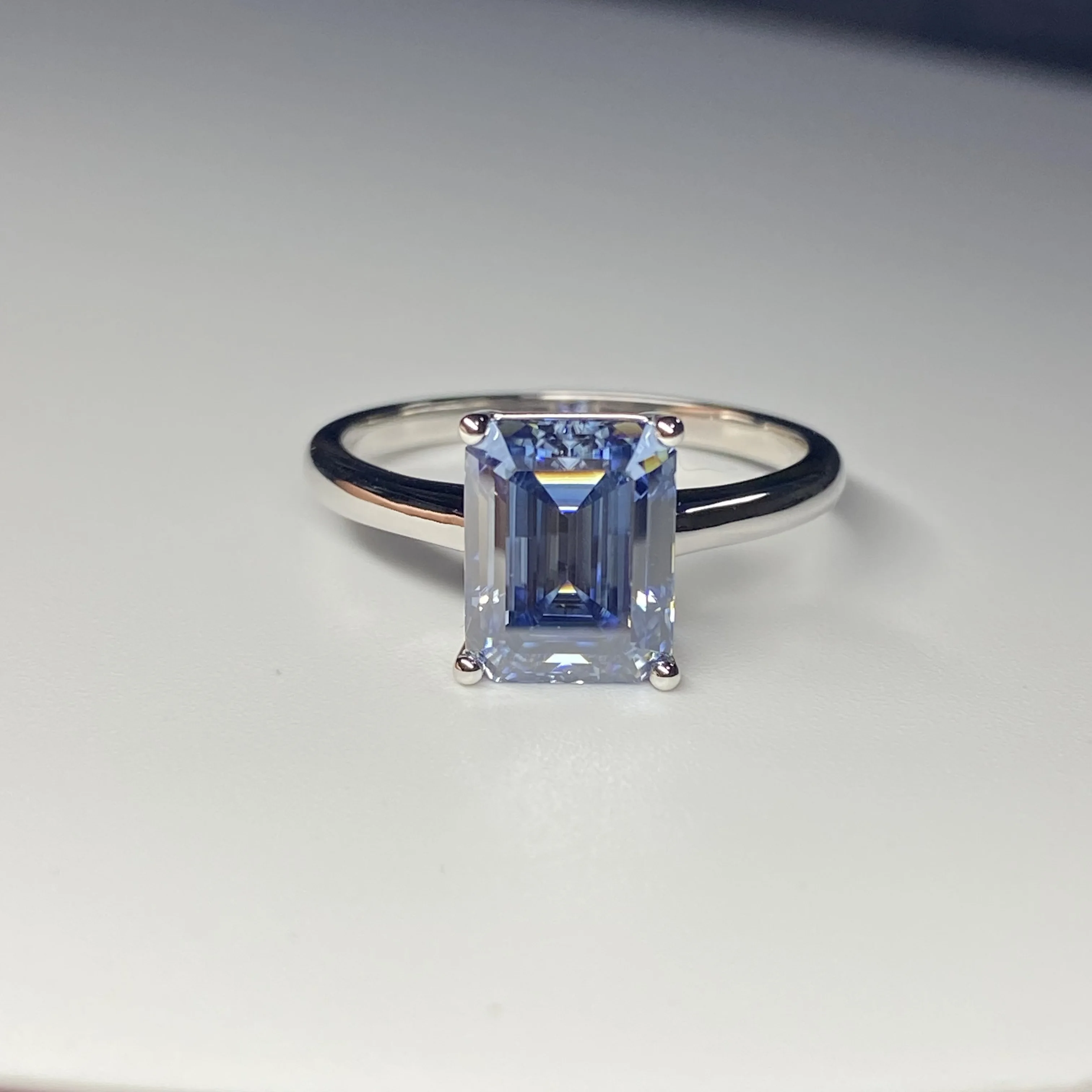 Solid 14K White Gold Ring 7x9mm 3 Carat Blue Emerald Cut Moissanite Diamond Women Jewelry