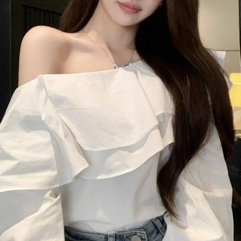 Sweet Ruffles Blouse for Women Sexy Off Shoulder Shirt French Style Elegant Long Lantern Sleeve Tops Clothes New 8395