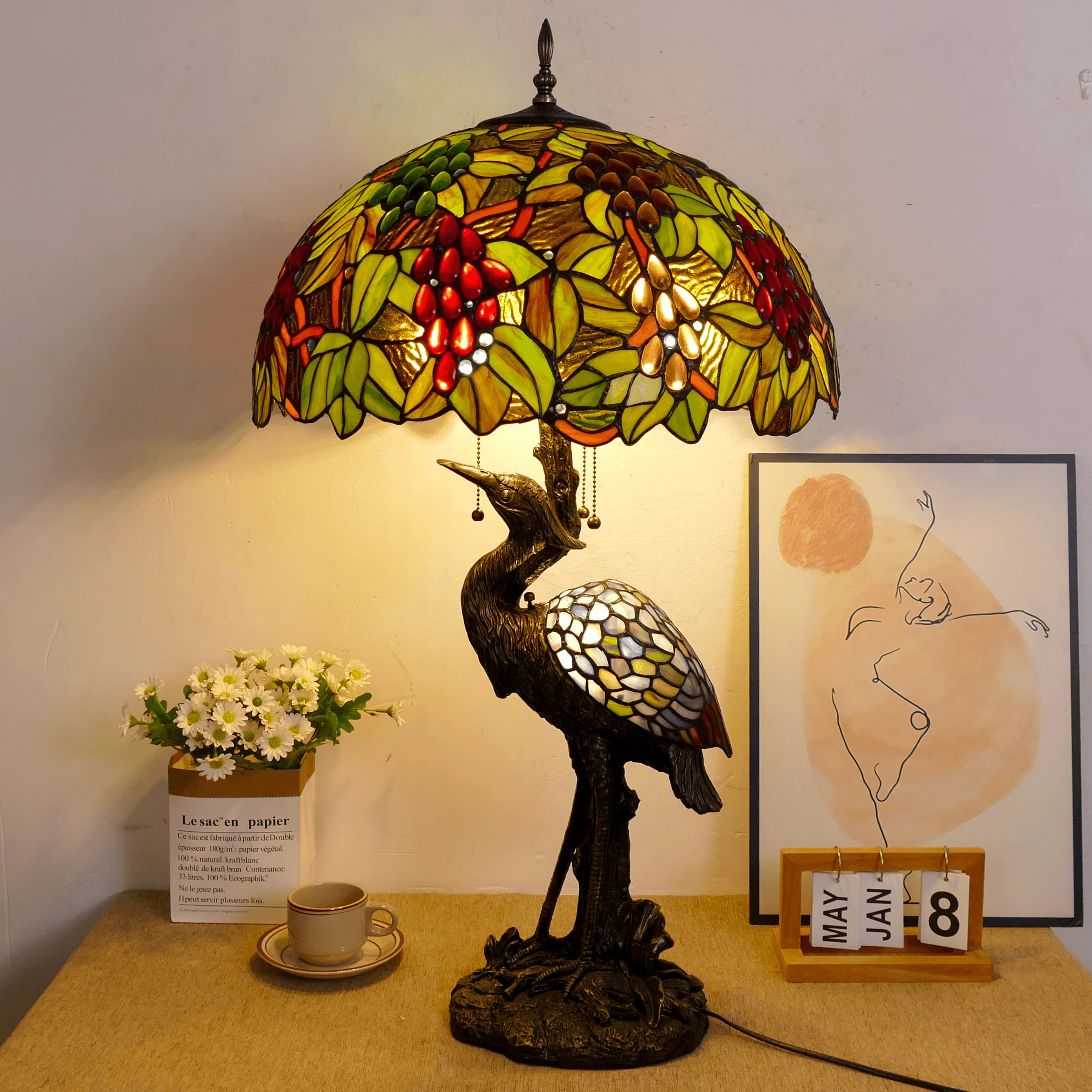 Traditional American Style Living Room Bedroom Study Lamp Luxurious Villa Hotel Stained Glass Lamp 30-Inch  Table Lamp