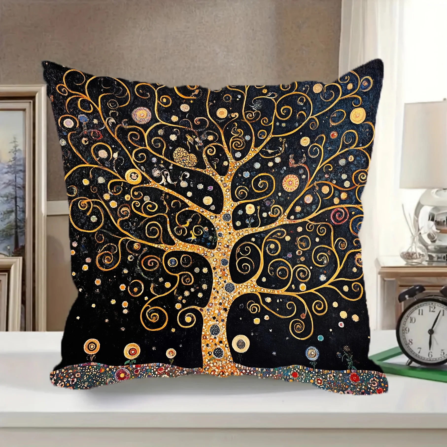 Gustav Klimt Tree of Life Pillow Cover Golden Art Print Boho Spiritual Cushion Case for Sofa Bed Couch Elegant Home Decor