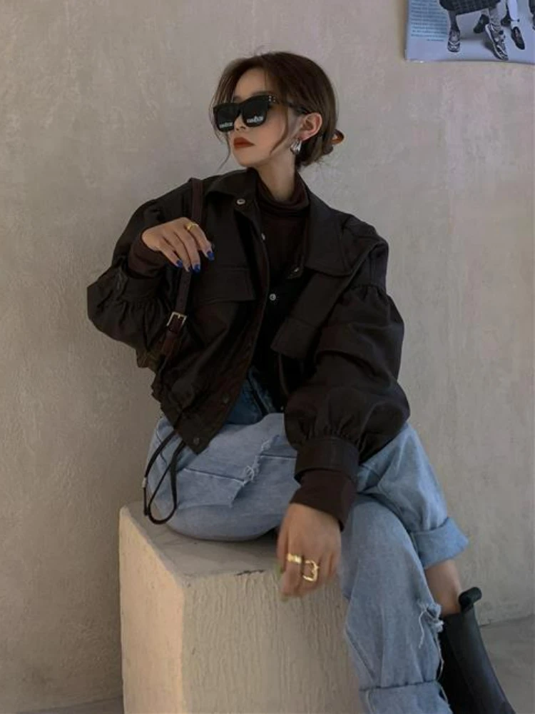 Jaqueta de couro vintage feminina, outwear solto, jaqueta fina de motociclista estilo coreano feminino, blusa de manga longa moto, outono, verão 2022