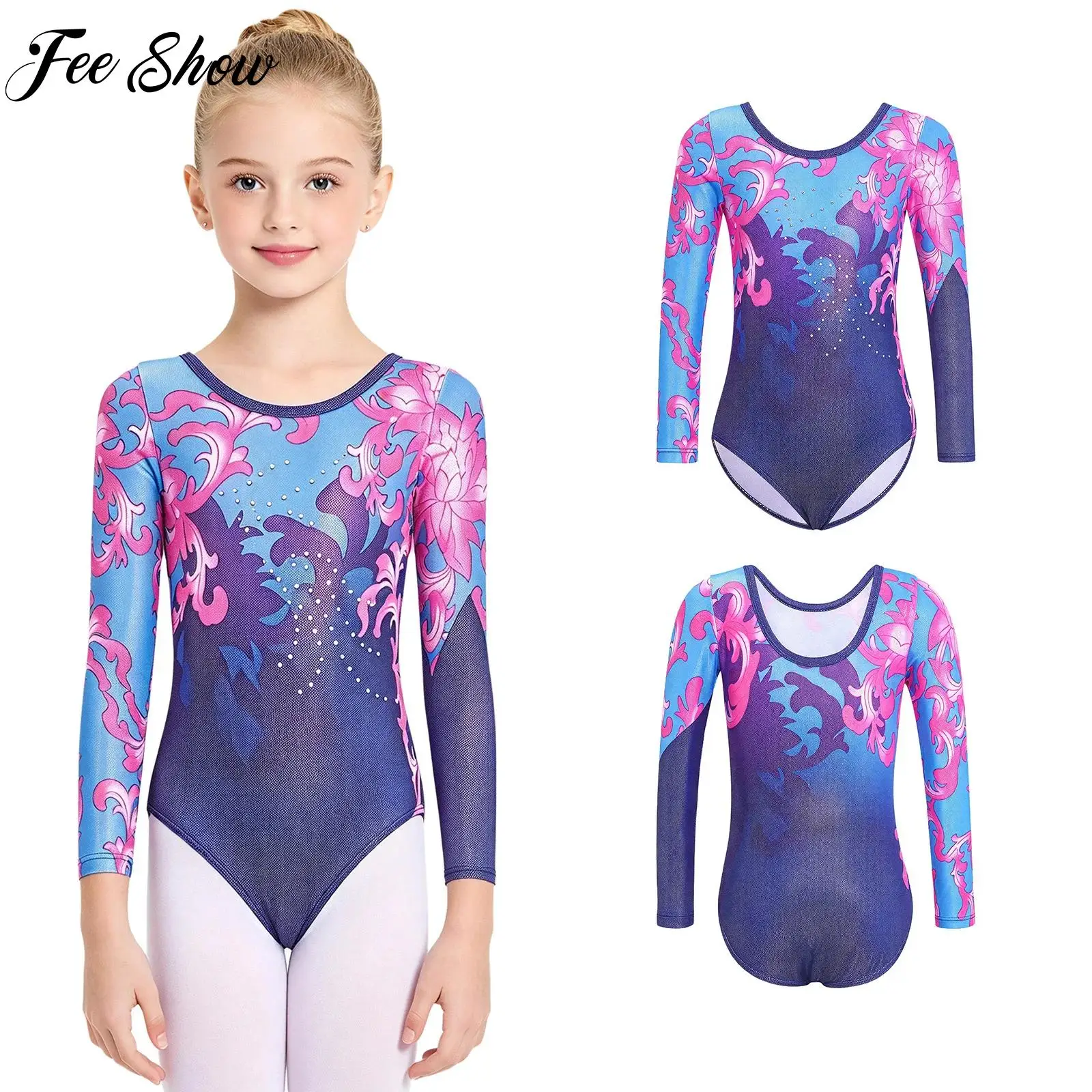 Kids Girls Floral Printed Gymnastics Leotard Dancewear Long Sleeve U-back Shimmery Bodysuit for Dance Training Performance