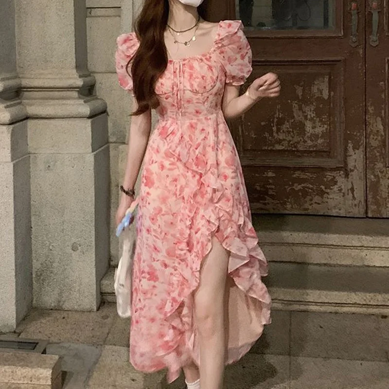 

Summer Women Y2K Elegant Dress Puff Short Sleeves Lace-Up Chest Floral Printed Party Dress High Splitting Long Skirt