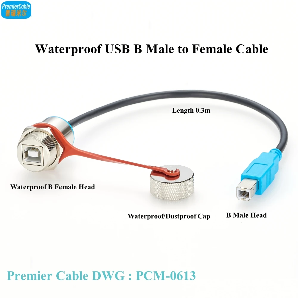 Waterproof USB 2.0 B Male to Female Cable Ruggedized Panel Mount Extension Outdoor Cable USB Type B Panel Pass Connector