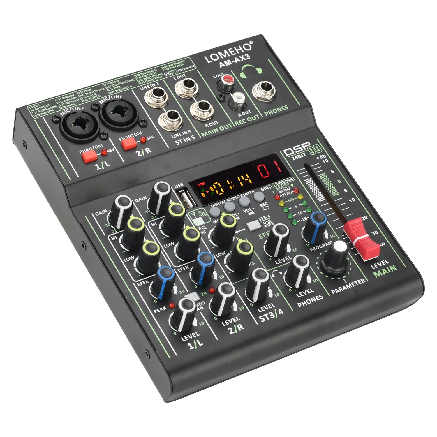 Mini 4 Channel Audio Mixer Individual +48V Phantom Power 99 DSP Effects Bluetooth USB Computer Play Record Mixing Console AM-AX3