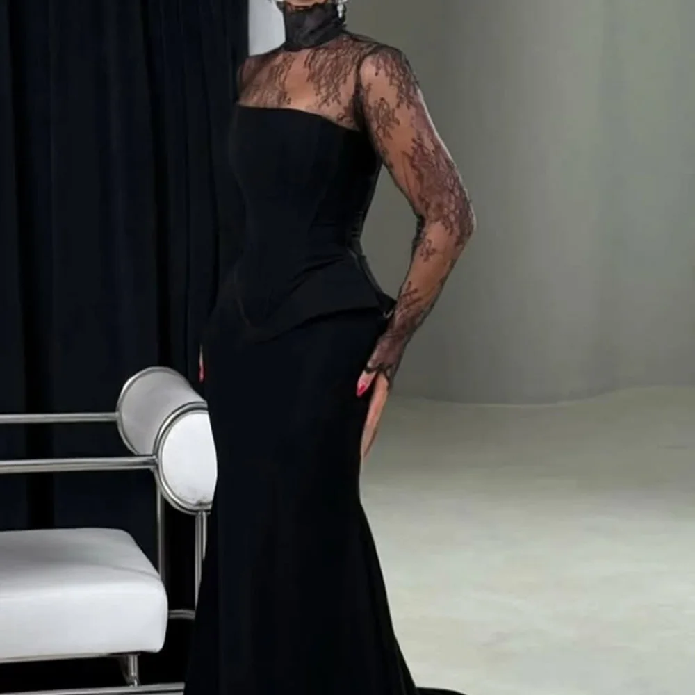Customized Mermaid High Collar Long Sleeves Evening Dress Delicate Lace Special Occasion Gowns Fashion Buttons Celebrity Gowns