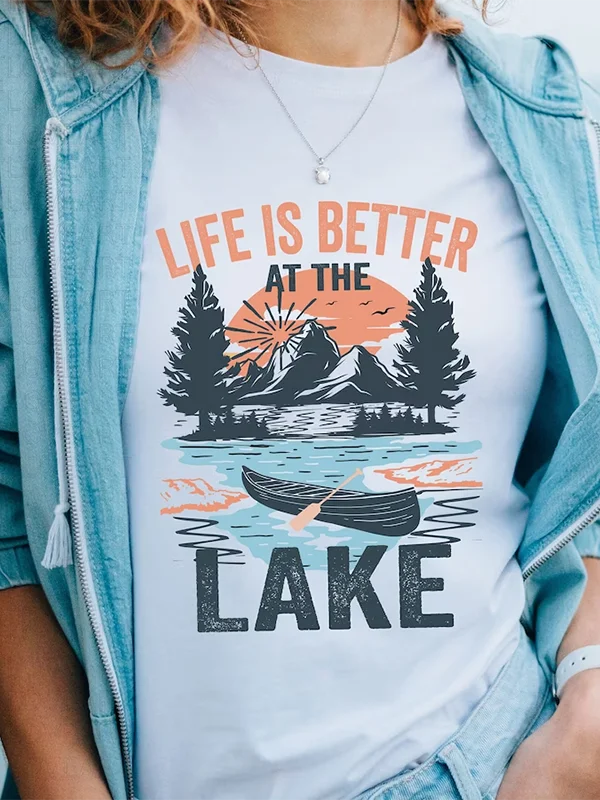 

life is better at the lake slogan women t-shirt new popular Country life lover casual female shirt village scenery print tee