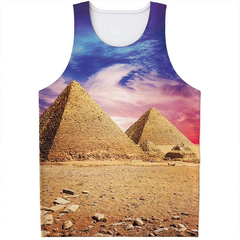 Retro Pyramid 3D Printed Tank Top Men Summer Sleeveless Oversized Vest Casual Tops Ancient Civilization Pattern Tee Shirts