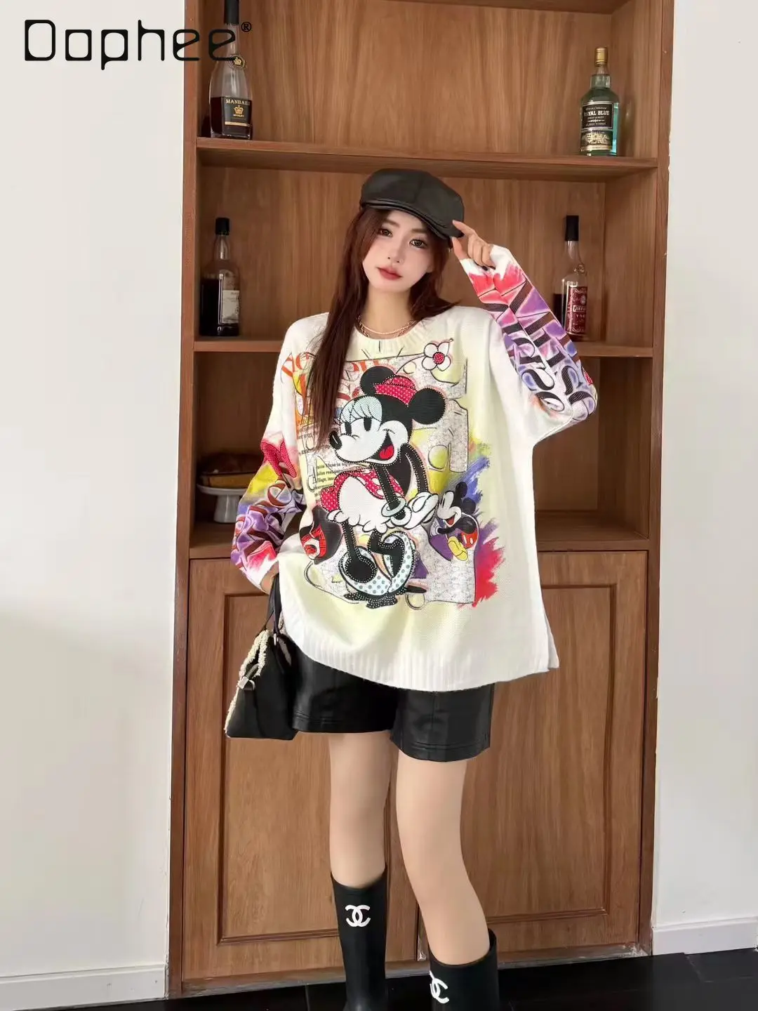 Sweater for Women Fashion Cartoon Print Long Sleeve Round Neck Rhinestone Spring Autumn Korean Style Loose Knitted Top