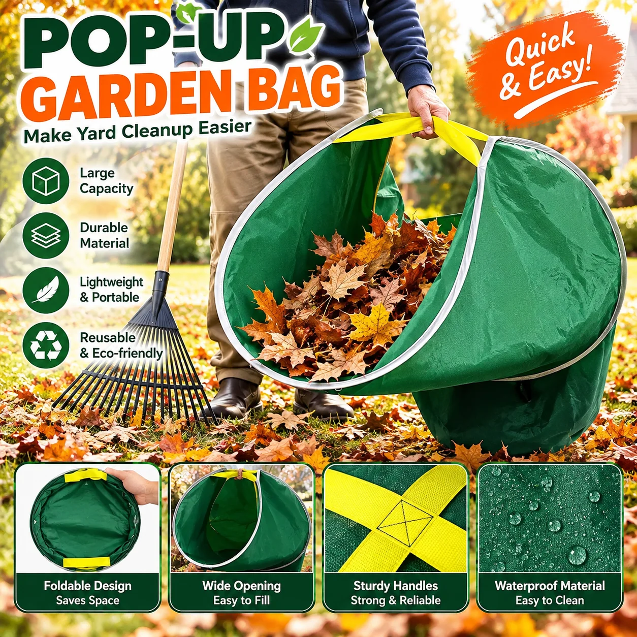 Quick Open Foldable Garden Leaf Bag Oxford Cloth Portable Reusable Yard Waste Sack with Handles for Lawn Park Grass Clean Up