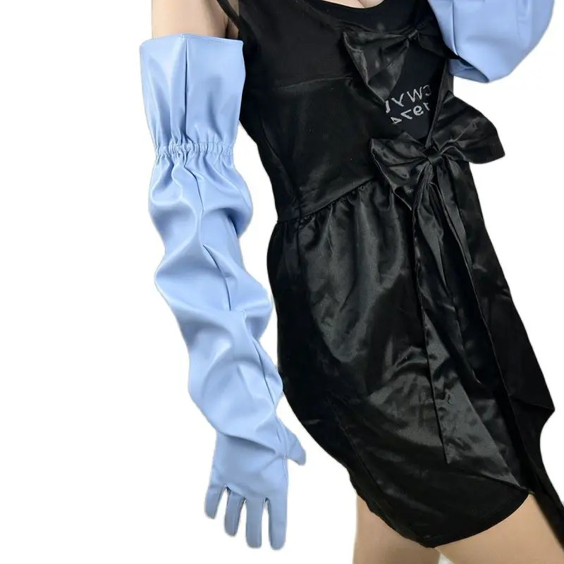 

70cm Long Leather Gloves Female Big Sleeve Faux Leather Opera Elastic Women PU Gloves Light Blue Cosplay Party HPU08