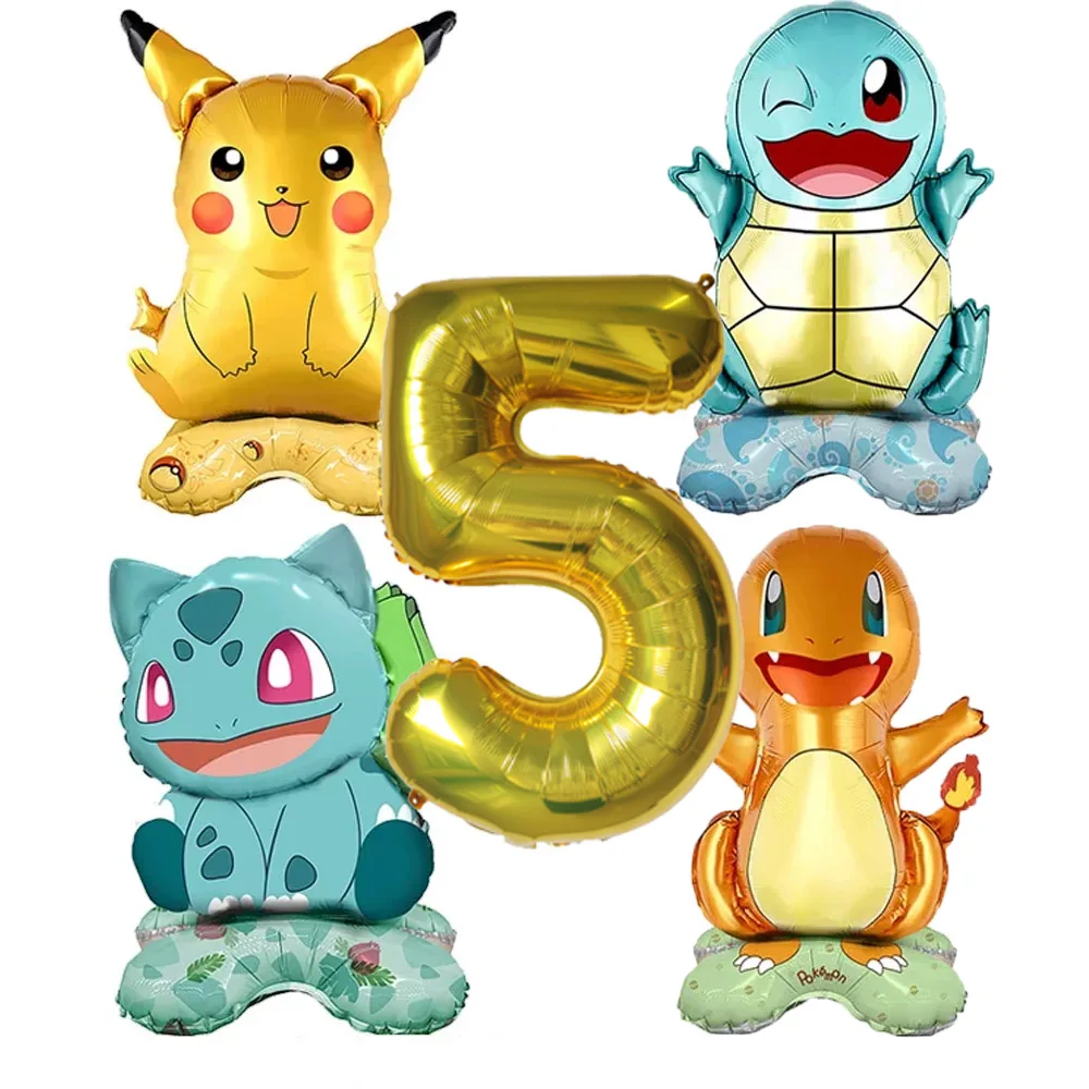 Set de 5 Globos de Látex con Números de Pokémon (Pikachu, Charmander, Squirtle, Bulbasaur) para Decoración de Fiestas de Cumpleaños Infantiles