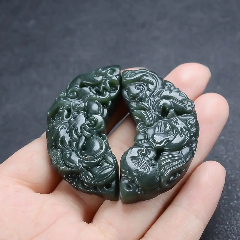 Natural hetian jade handcarved dragon and phoenix pendant simple retro pendant temperament jewellery fashion for lovers Gift